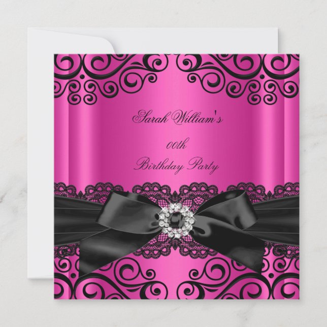 Invitación Fiesta de Cumpleaños con Lazo de Encaje Negro Rosa (Anverso)