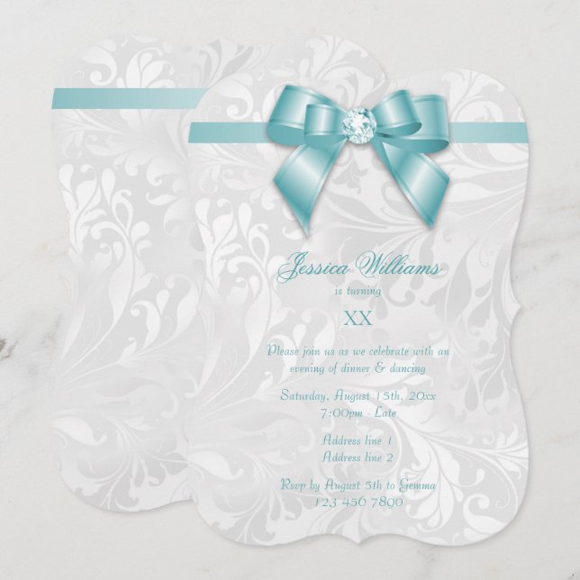 Invitación Fiesta de cumpleaños con lazo de gema azul turques (Anverso / Reverso)