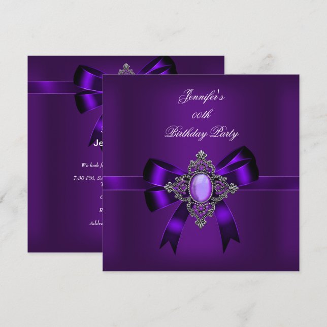 Invitación Fiesta de Cumpleaños con Lazo de Joyas Moradas Ele (Anverso / Reverso)