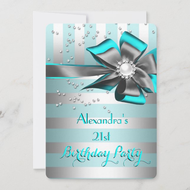 Invitación Fiesta de cumpleaños con lazo de raya plateada azu (Anverso)