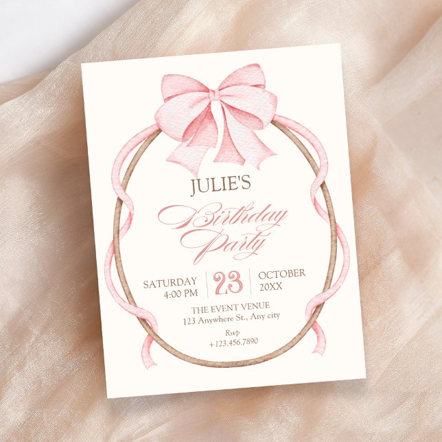 Invitación Fiesta de cumpleaños con lazo rosa (Subido por el creador)