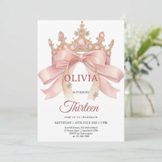 Invitación fiesta de cumpleaños con lazo rosa y corona