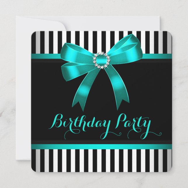 Invitación Fiesta de Cumpleaños con Lazo Verde Azul Rayado de (Anverso)