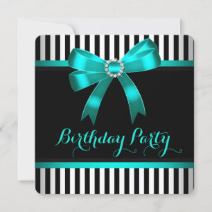 Invitación Fiesta de Cumpleaños con Lazo Verde Azul Rayado de