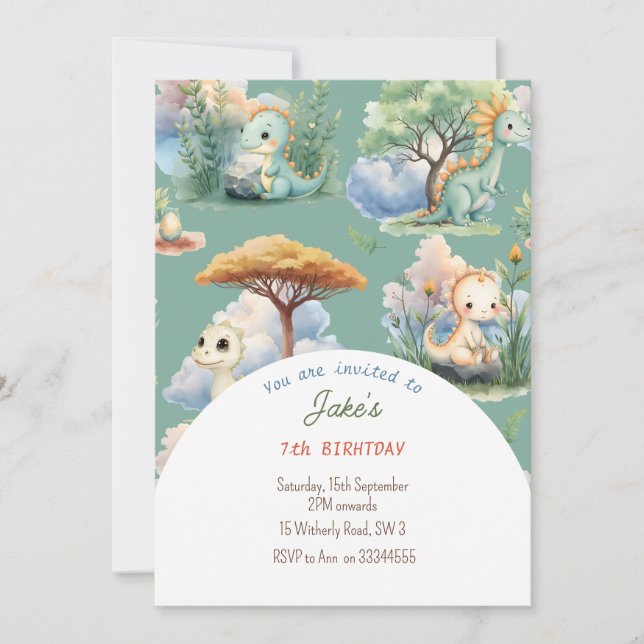 Invitación Fiesta de cumpleaños con lindos dinosaurios (Anverso)