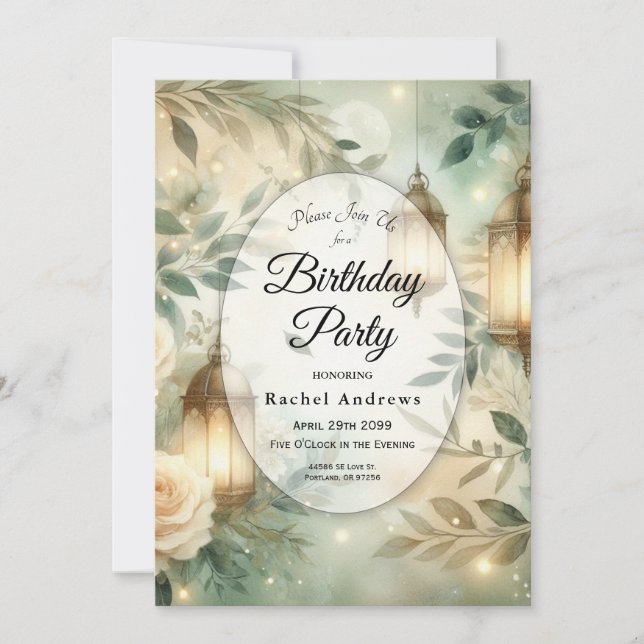 Invitación Fiesta de cumpleaños con linterna verde salvia y r (Anverso)