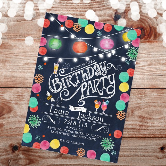 Invitación Fiesta de Cumpleaños con Luces Festivas de Verano (Subido por el creador)