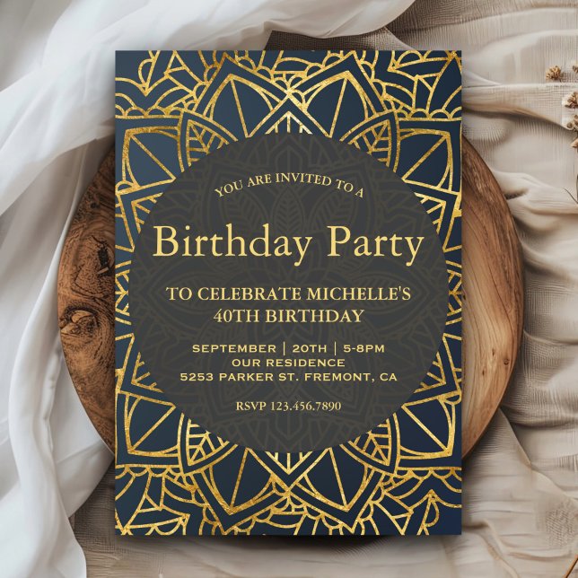 Invitación Fiesta de Cumpleaños con Mandala de Oro Falso Mode (Subido por el creador)
