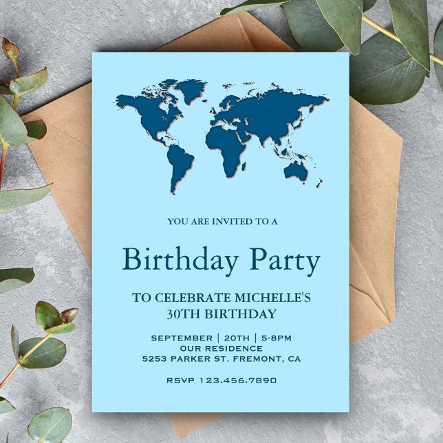 Invitación Fiesta de Cumpleaños con Mapa del Mundo Azul Moder (Subido por el creador)