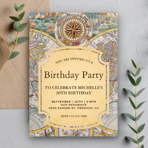 Invitación Fiesta de Cumpleaños con Mapa del Mundo y Brújula
