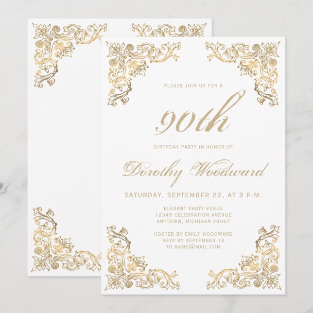 Invitación Fiesta de Cumpleaños con Marco de Oro Elegante (Anverso / Reverso)