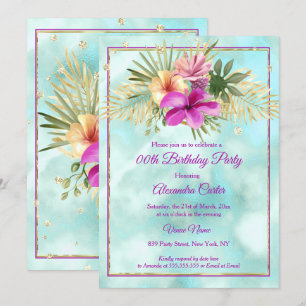 Invitación Fiesta de Cumpleaños con Mármol de Hibisco Verde A
