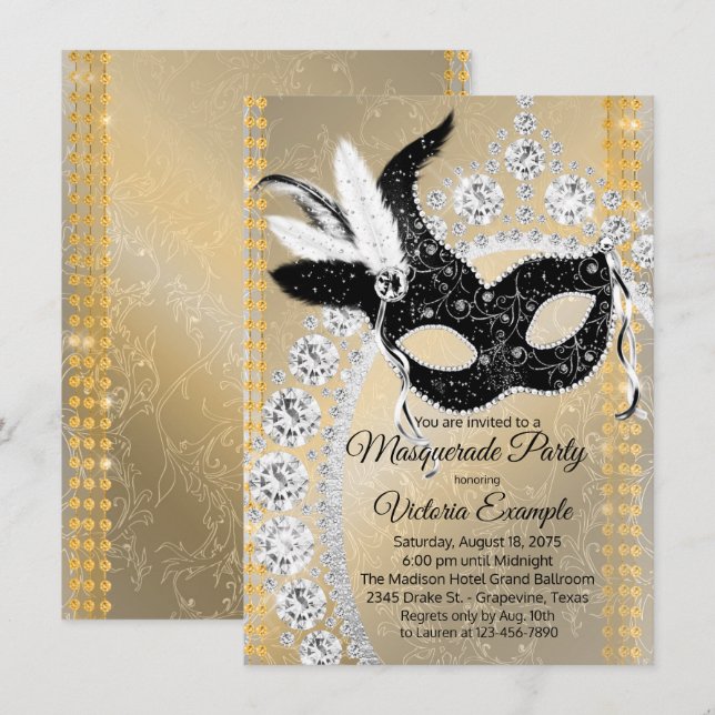 Invitación Fiesta de Cumpleaños con Máscara de Diamantes de O (Anverso / Reverso)