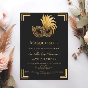 Invitación Fiesta de cumpleaños con máscara de oro negro