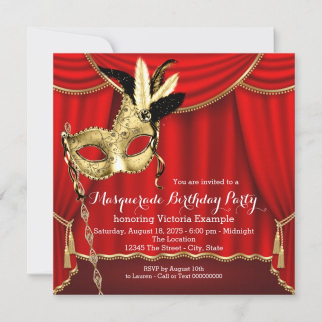 Invitación Fiesta de cumpleaños con máscara de rojo y dorado (Anverso)