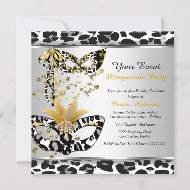 Invitación Fiesta de Cumpleaños con Máscara Leopardo Negro Pl (Anverso)