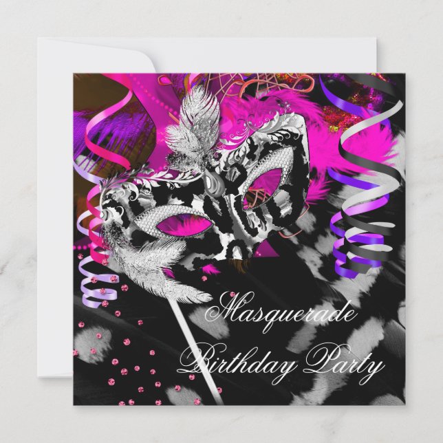 Invitación Fiesta de Cumpleaños con Máscara Negra Plateada Ro (Anverso)