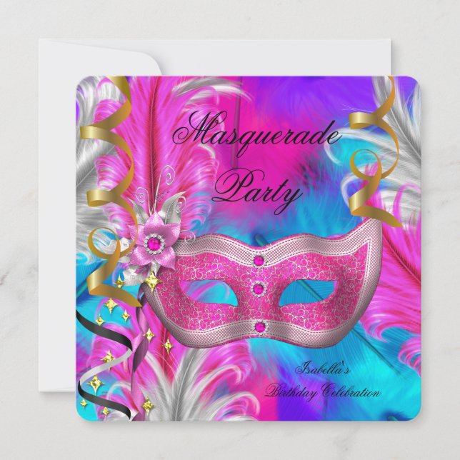 Invitación Fiesta de Cumpleaños con Máscara Teal Púrpura Rosa (Anverso)