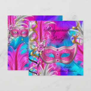 Invitación Fiesta de Cumpleaños con Máscaras Azul Teal Morado