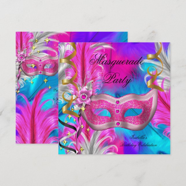 Invitación Fiesta de Cumpleaños con Máscaras Azul Teal Morado (Anverso / Reverso)