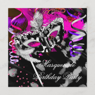 Invitación Fiesta de Cumpleaños con Máscaras de Negro, Plata 