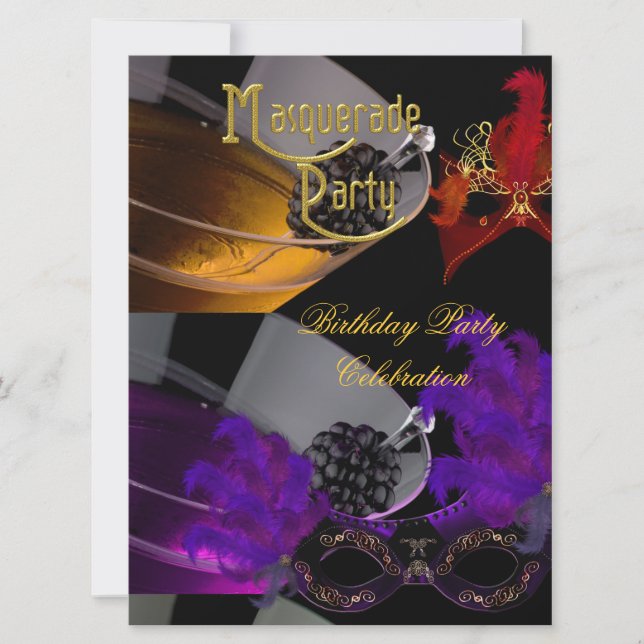 Invitación Fiesta de Cumpleaños con Máscaras de Purpura Rojo  (Anverso)