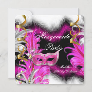 Invitación Fiesta de Cumpleaños con Máscaras Rosa Negro Blanc