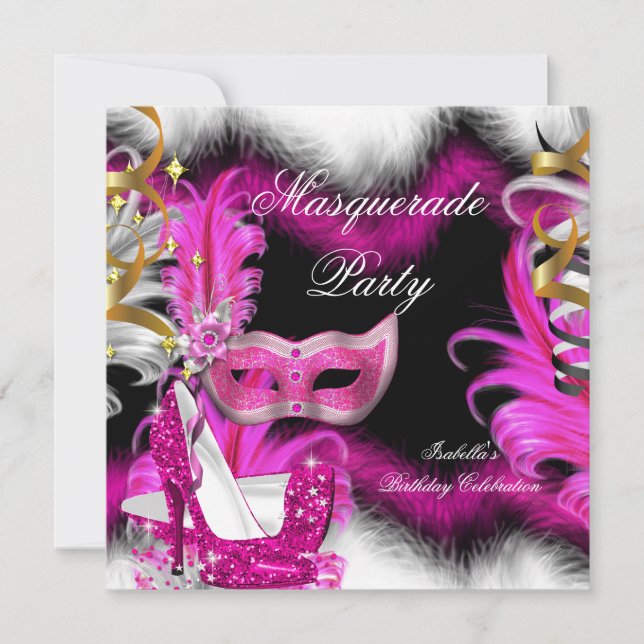 Invitación Fiesta de Cumpleaños con Máscaras Rosa Negro Blanc (Anverso)