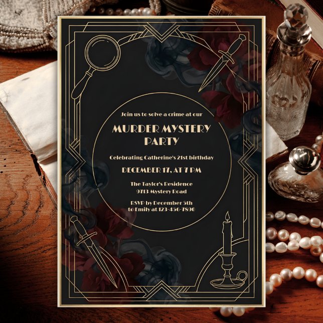 Invitación Fiesta de cumpleaños con misterio de asesinato Art (Murder Mystery Birthday – Art Deco Noir, Gold Frame, Personalized)