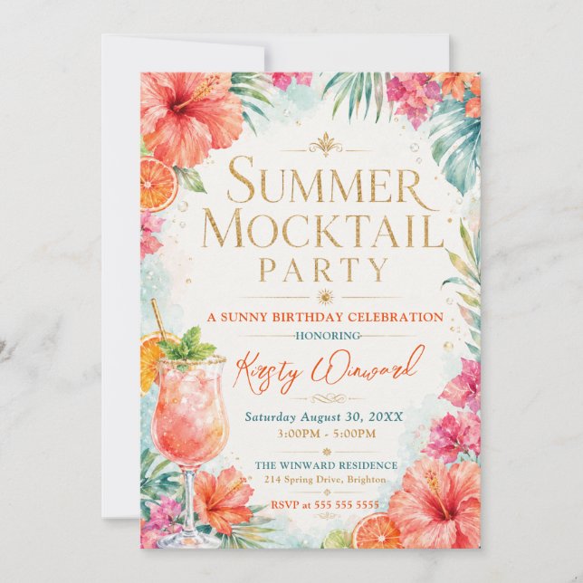 Invitación Fiesta de Cumpleaños con Mocktail de Verano (Anverso)