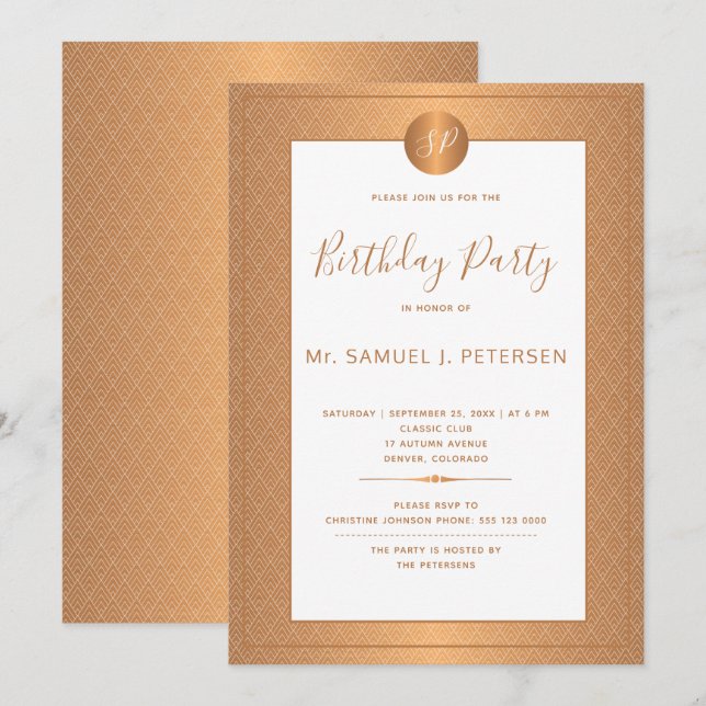 Invitación Fiesta de Cumpleaños con Monograma Blanco Metálico (Anverso / Reverso)