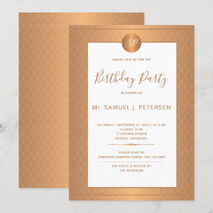 Invitación Fiesta de Cumpleaños con Monograma Blanco Metálico