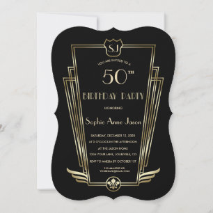 Invitación Fiesta de cumpleaños con monograma negro Royal Gol