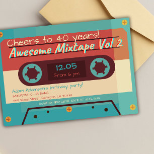 Invitación Fiesta de cumpleaños con música de casete retro de