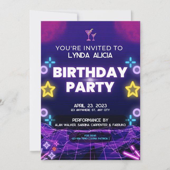 Invitación Fiesta de Cumpleaños con Neon Morado (Anverso)