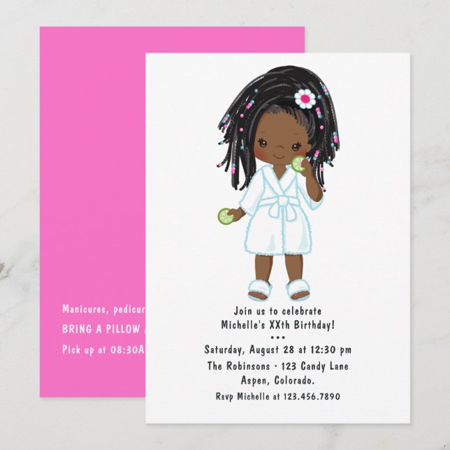 Invitación Fiesta de cumpleaños con noche de spa para niña ne (Anverso / Reverso)