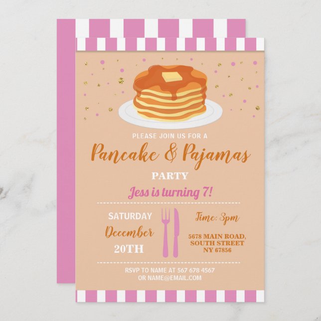 Invitación Fiesta de cumpleaños con pancakes y pijamas (Anverso / Reverso)