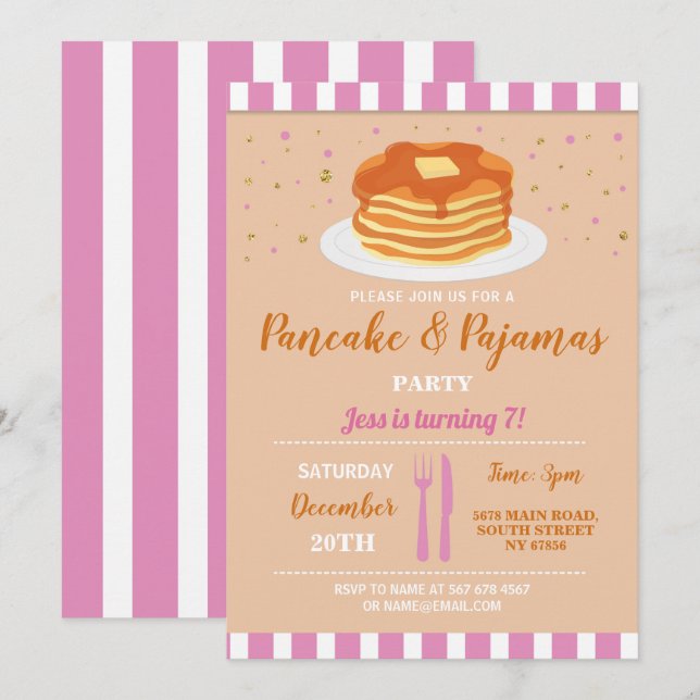 Invitación Fiesta de Cumpleaños con Pancakes y Pijamas Noche  (Anverso / Reverso)