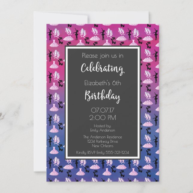 Invitación Fiesta de Cumpleaños con Patrón de Ballet en Rosa  (Anverso)