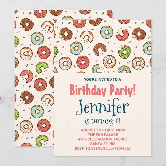 Invitación Fiesta de Cumpleaños con Patrón de Donut Lindo Est (Anverso / Reverso)