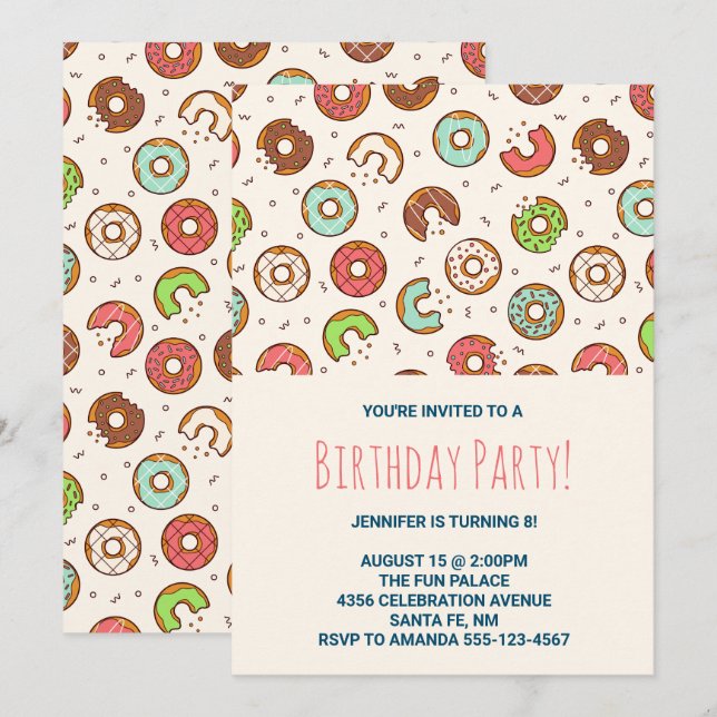Invitación Fiesta de Cumpleaños con Patrón de Donut Lindo Est (Anverso / Reverso)