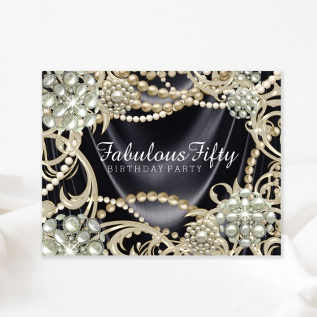 Invitación Fiesta de Cumpleaños con Perlas de Marfil Negro Gl (You can change the text as needed on this elegant any occasion invitation.)