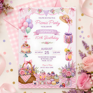 Invitación Fiesta de Cumpleaños con picnic en jardín floral r