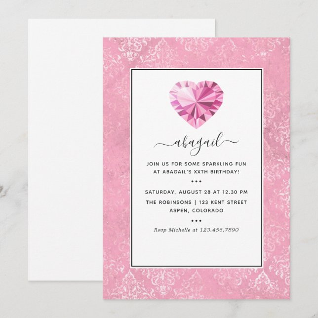 Invitación Fiesta de Cumpleaños con Piedra Preciosa Rosa (Anverso / Reverso)