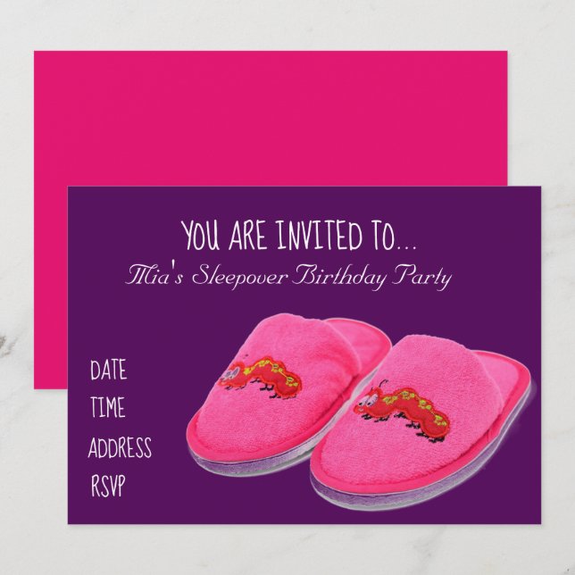 Invitación Fiesta de cumpleaños con pijama de zapatilla rosa (Anverso / Reverso)