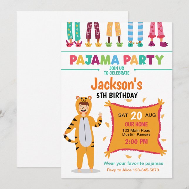 Invitación Fiesta de Cumpleaños con Pijamas (Anverso / Reverso)