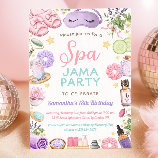 Invitación Fiesta de Cumpleaños con Pijamas en el Spa (Cute Spa Pajama Party Birthday Invitation
)