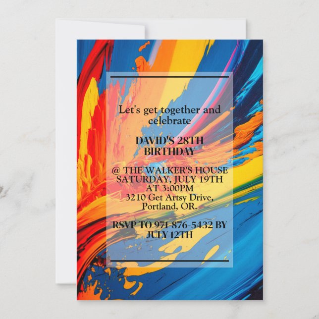 Invitación Fiesta de Cumpleaños con Pintura en Lienzo Vibrant (Anverso)