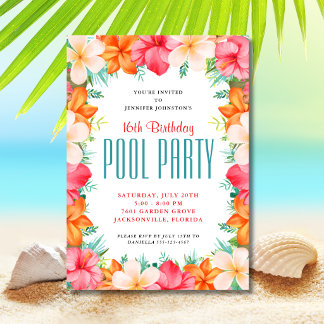 Invitación Fiesta de Cumpleaños con Piscina de Floral Tropica