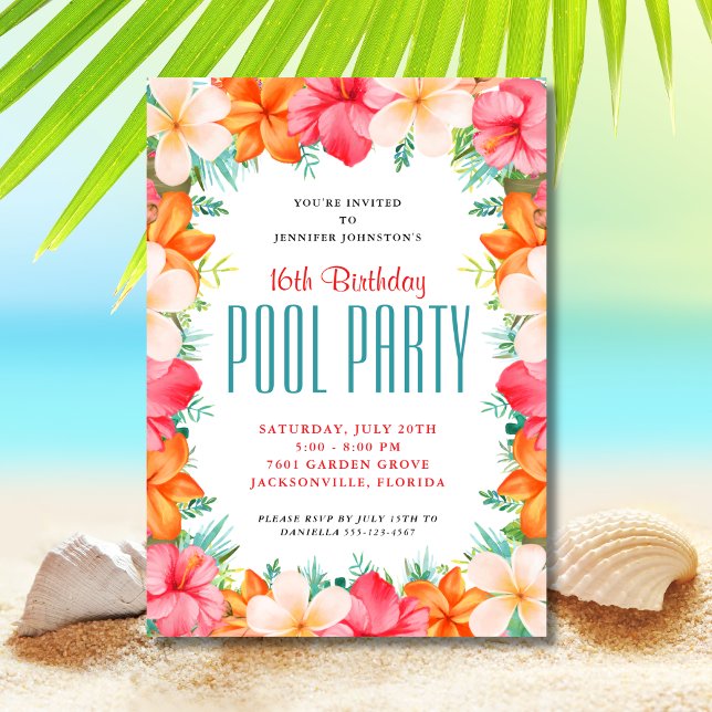 Invitación Fiesta de Cumpleaños con Piscina de Floral Tropica (Subido por el creador)